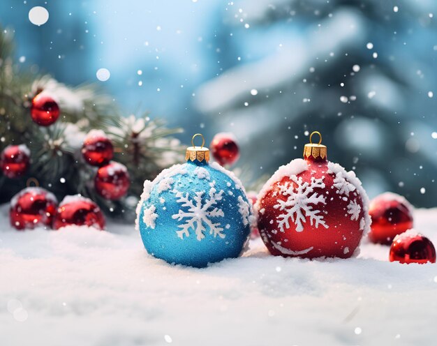 Blue and red Christmas decorations on the snow with festive ornaments