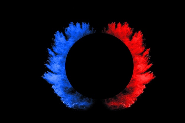 Blue and Red color powder explosion on black background