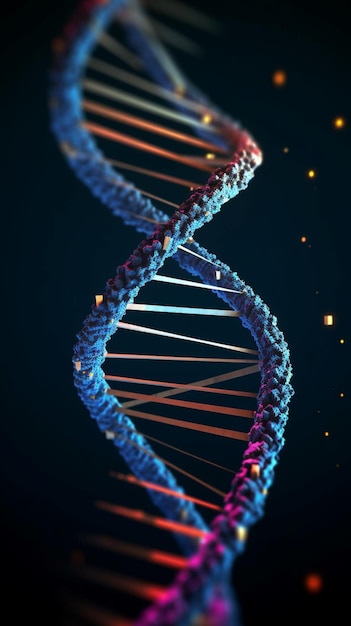 この画像には、青と赤の色の DNA の線が示されています。