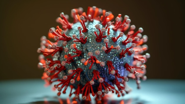 A blue and red coronavirus model is shown on a blue surface.