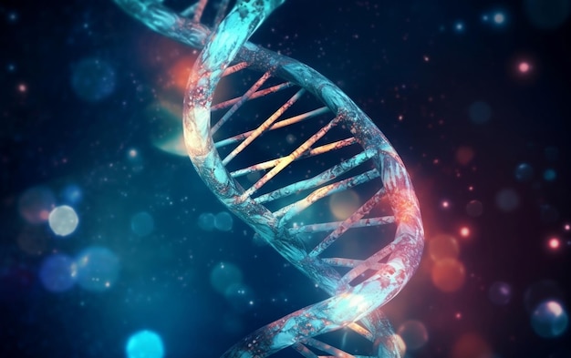 A blue and red dna double helix against a blue background.