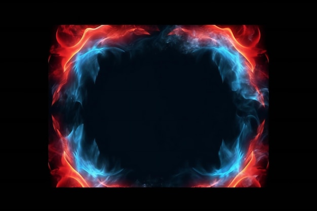 Photo blue and red fire border and empty space in the middle on black background