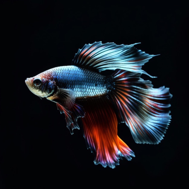 A blue and red fish with a black background