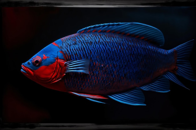 A Blue And Red Fish With A Black Background