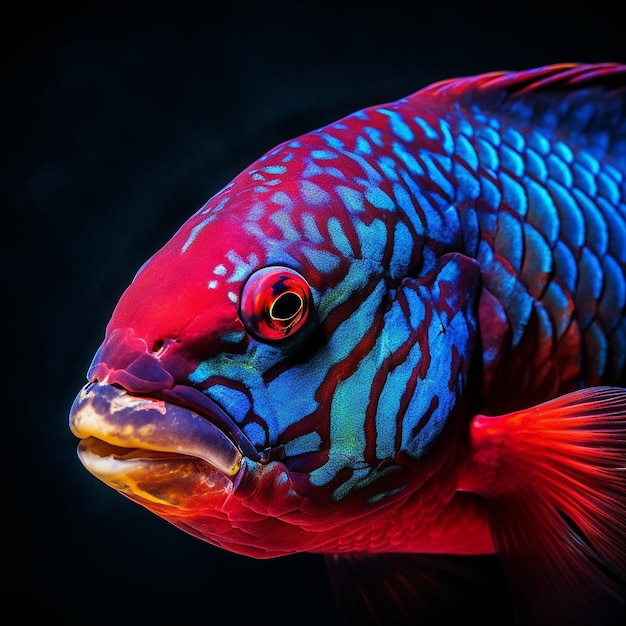 A blue and red fish with a red stripe on the bottom.