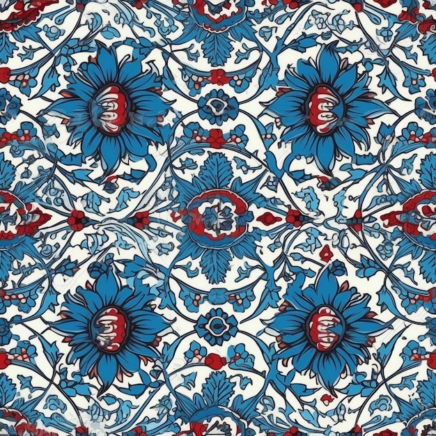 A blue and red floral pattern with flowers.