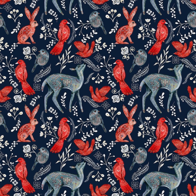 A blue and red floral pattern with a fox and a fox.