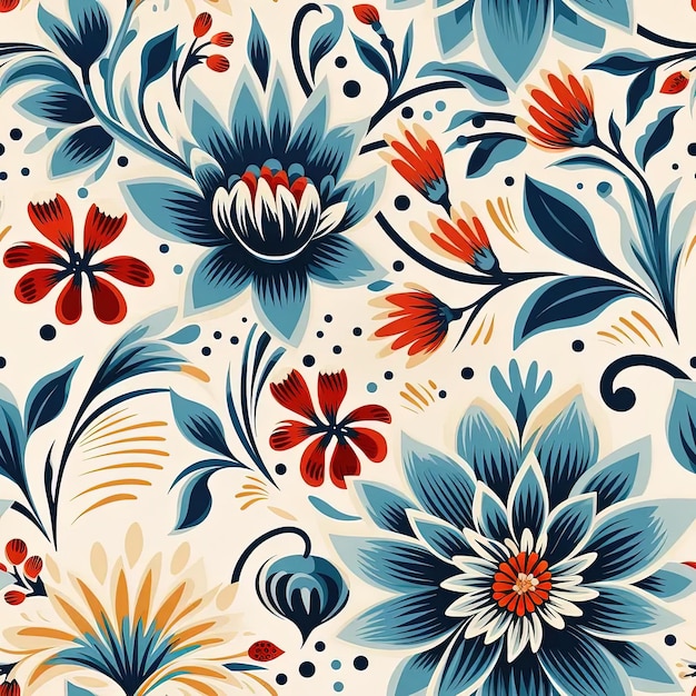 A blue and red flower pattern on a white background