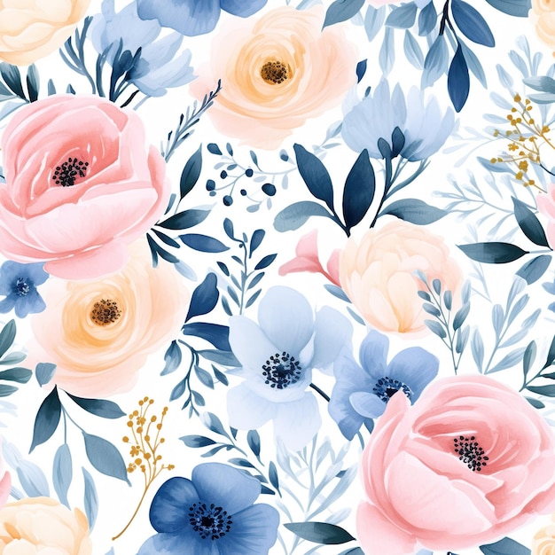 Blue and red flowers watercolor seamless pattern