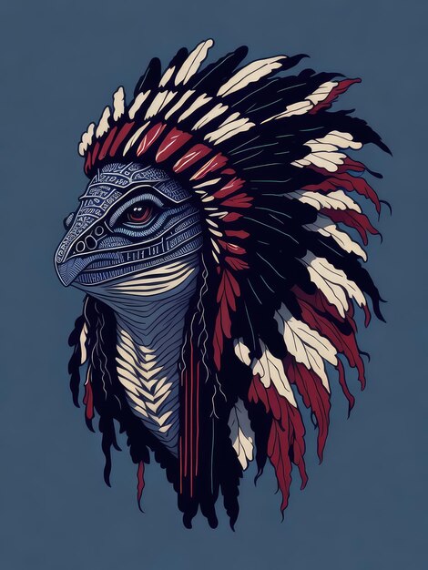 A blue and red illustration of a dinosaur with a feather in the head.