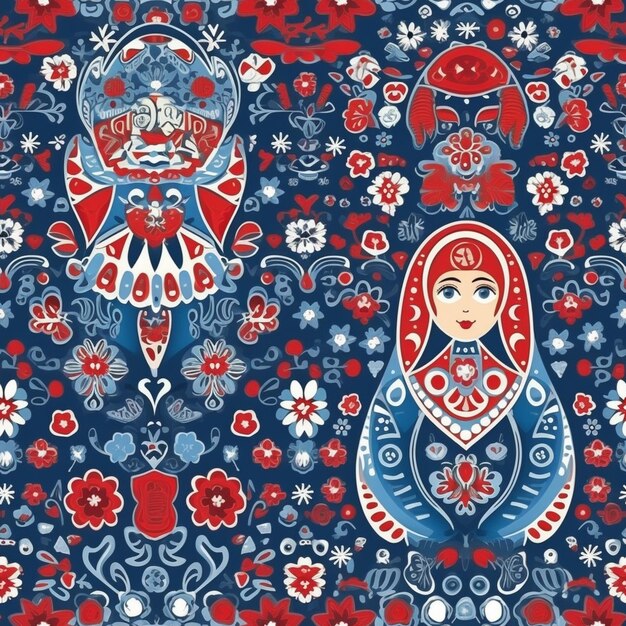 Photo a blue and red matry with a pattern of russian dolls generative ai