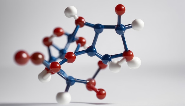 A blue and red molecule with white atoms