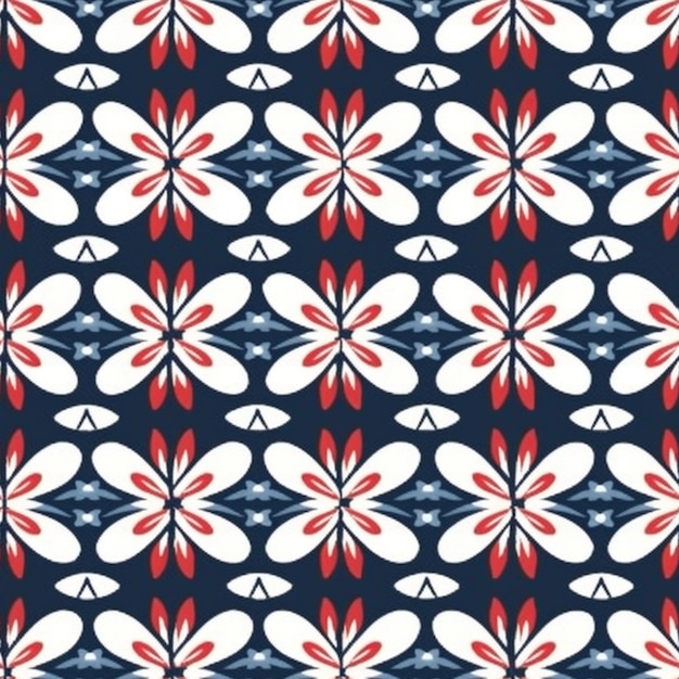 A blue and red pattern with white and red flowers generative ai