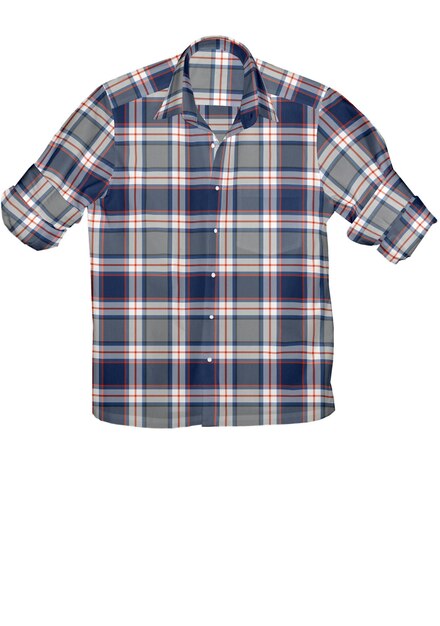 A blue and red plaid shirt with a white background