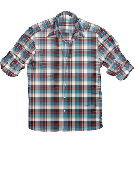 A blue and red plaid shirt with a white background