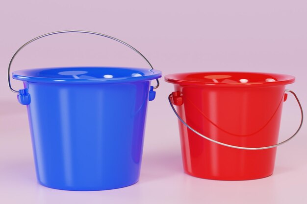 Blue and red plastic buckets for cleaning isolated on light color background