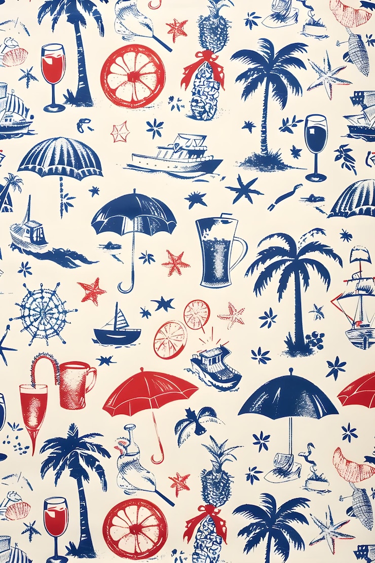 Photo a blue and red print of a beach scene with umbrellas and umbrellas