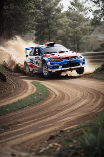 Photo a blue and red race car is driving on a dirt road