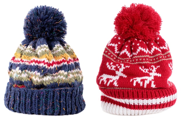 Photo blue red reindeer winter bobble ski hat