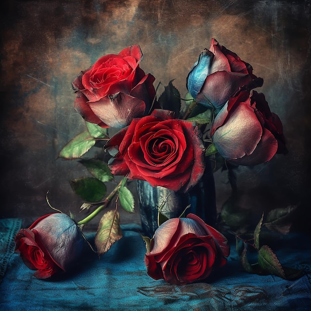 Blue and red roses on an old canva generative ai