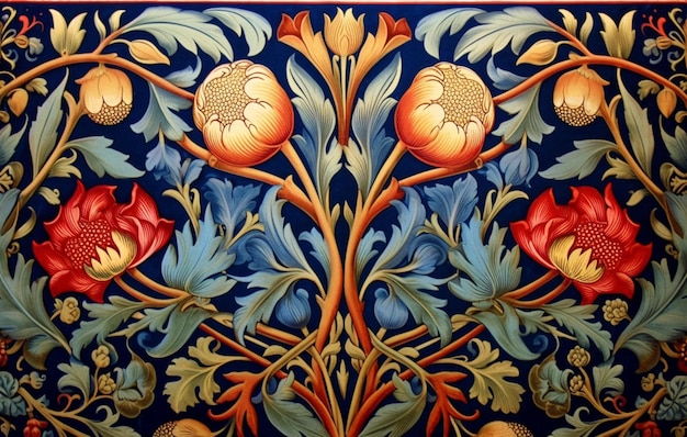 A blue and red rug with flowers and leaves on it