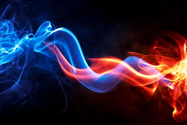 A blue and red smoke swirls against a black background.