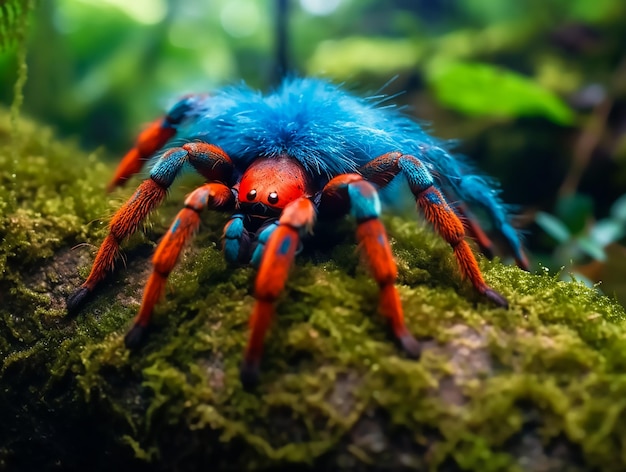 A blue and red spider with blue eyes and red legs is on a green mossy surface.