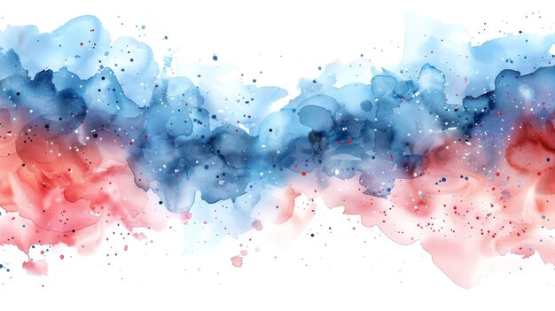 Blue and red spots and drips of watercolor paint on a white background