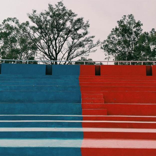 Photo blue and red stairway by trees