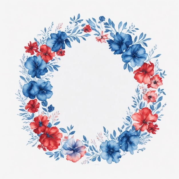 Blue and Red watercolor floral frame Round shape floral frame AI generated