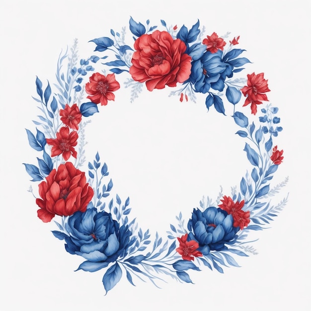 Blue and Red watercolor floral frame Round shape floral frame AI generated