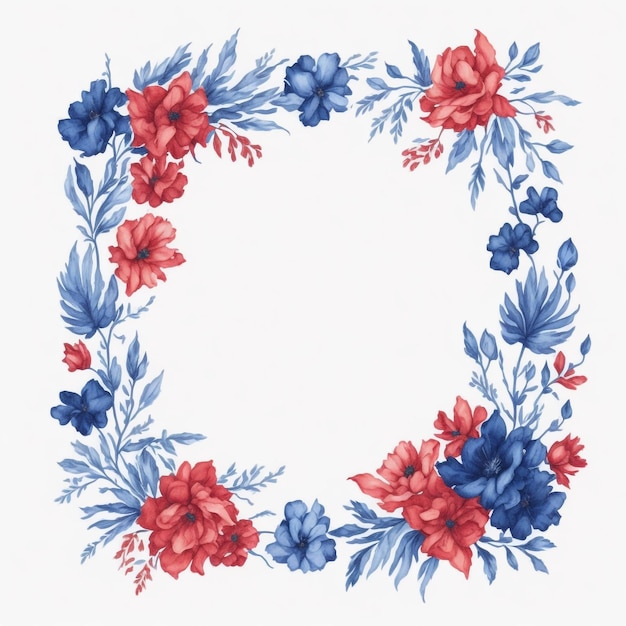 Blue and Red watercolor floral frame square shape floral frame AI generated