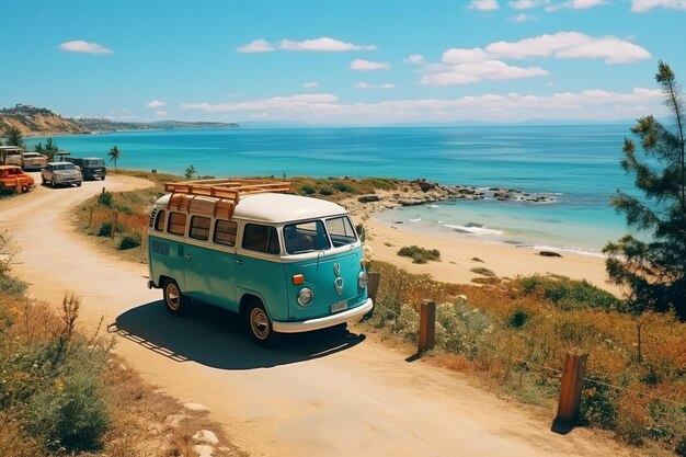 Blue retro camper bus rides on the sands of the seashore aerial view travel concept road trip