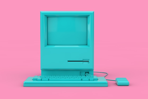 Personal computer retrò blu. l'unità di sistema, il monitor, la tastiera e il mouse simulano due tonalità su uno sfondo rosa. rendering 3d