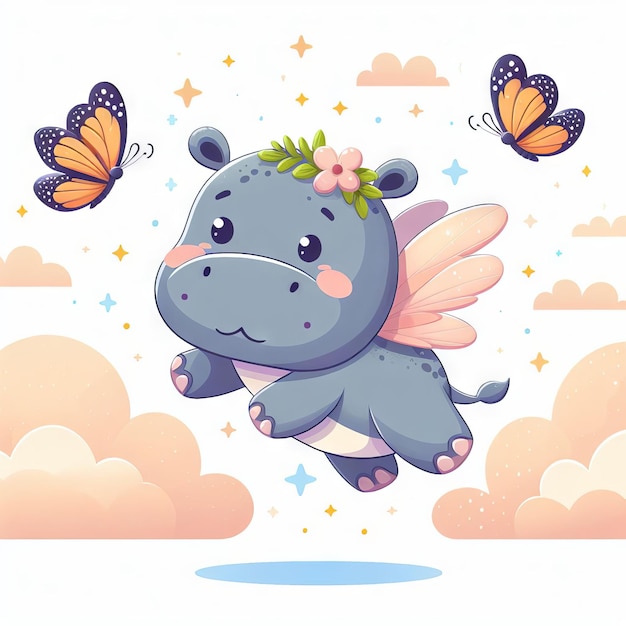 a blue rhino with butterflies flying in the sky