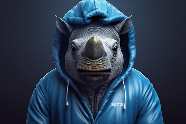 A blue rhino with a hoodie