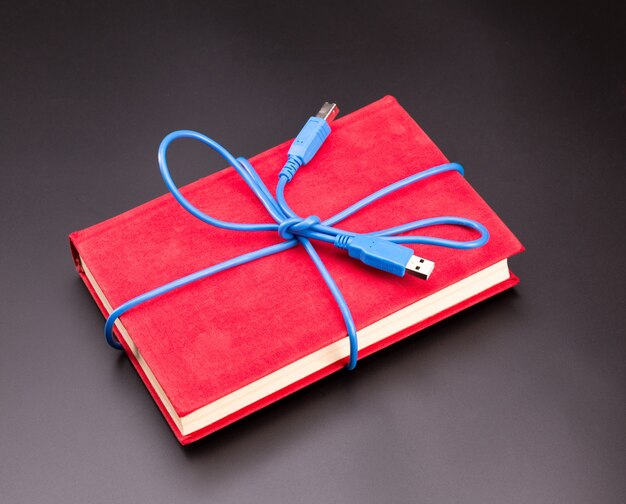 Blue ribbon from the usb cable on the book as a present