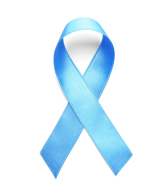 Blue ribbon on white surface. Prostate cancer awareness