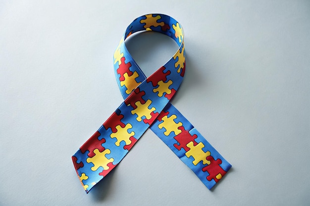 a blue ribbon with puzzle pieces on it is tied to a blue ribbon