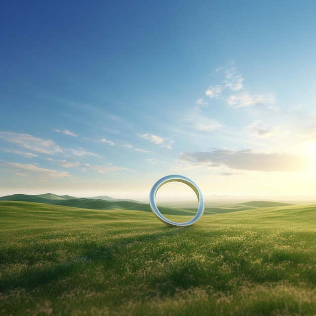 a blue ring is in the middle of a field of green grass.