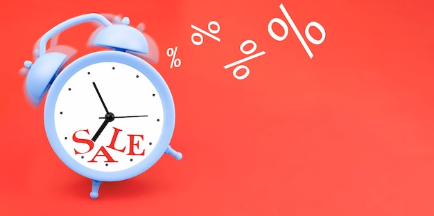 Blue ringing alarm clock on a red background. sale concept