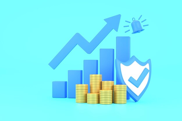 Blue rising arrow profit bar graph and shield with multiple arrangements of coins