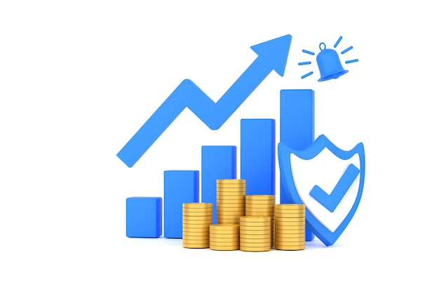 Blue rising arrow profit bar graph and shield with multiple arrangements of coins