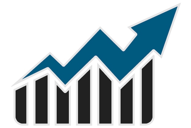 Blue rising arrow with bar chart isolated on white background