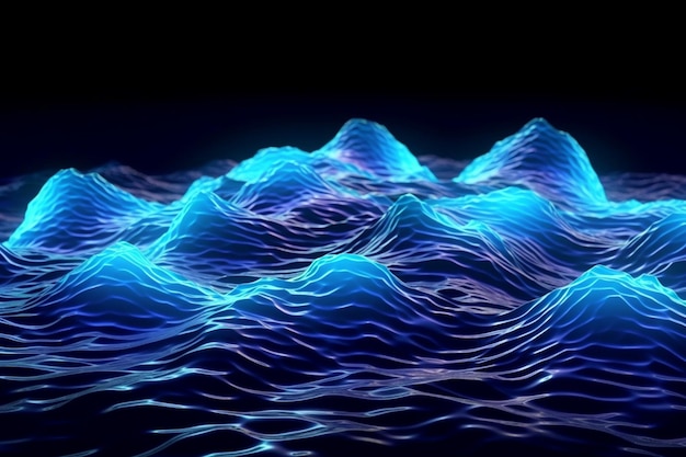 Blue river ocean wave layer background with neon light effects 3D Generative AI