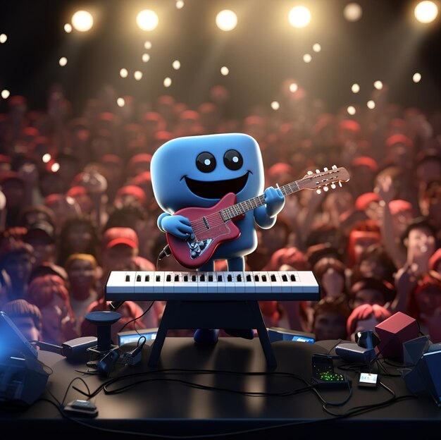 Photo a blue robot is playing a keyboard with a person on it.