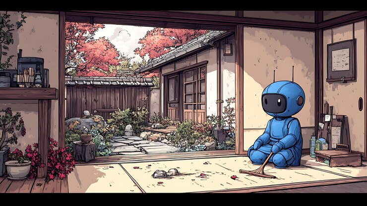 Photo blue robot sweeping a traditional japanese garden