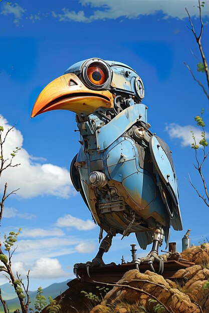 Photo a blue robot with a bird on its head stands in front of a blue sky with clouds