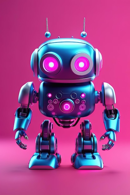 a blue robot with purple eyes and a pink background.