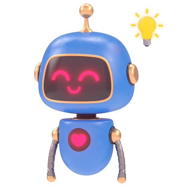 A blue robot with a smiley face is looking at a light bulb.